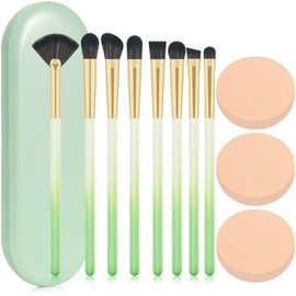 Juego de 8 brochas de maquillaje de ojos, 8 brochas sintéticas para sombra de ojos en ángulo, cepillo de labios con 3 esponjas de polvo y estuche verd