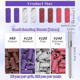 ITADAKU 120 Pcs 3mm Mini Sanding Bands for Nail Drill - Fine Grit Nail Drill Bits with Mandrel for Acrylic Nails, Gel Manicure, and Pedicure