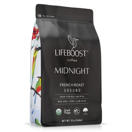 Lifeboost Midnight Coffee French Roast Coffee Ground - Single Origin USDA Organic Low Acid Coffee French Roast - Non-GMO Ground Coffee - Third Party Tested For Mycotoxins & Pesticides - 12 Ounces