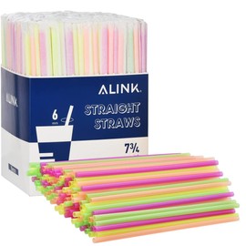 ALINK ALINK 500-Pack Plastic Disposable Drinking Straws Individually Wrapped, Neon Colored Straight Party Straws - 7.75" x 0.23"