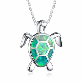 swglcowo Sea Turtle Opal Pendant Necklace Silver Plated Unique Lovely Blue White Created Opal Ocean Longevity Animal Hawaiian Beach Chain Necklace for Women Men Birthday Holiday Fashion Jewelry Gifts,