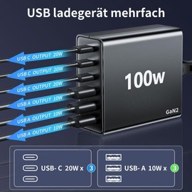 FINIBO FINIBO USB C Ladeger?t Mehrfach: 100W 6-Port Schnellladeger?t mit USB-C und A, Tragbarer Wall Charger f??r ipad and Smartphones