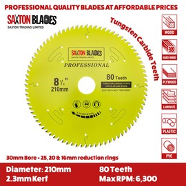 TCT21080TPRO Saxton Professional Range TCT Circular Saw Blade 210mm x 80T x 30mm Bore, 16, 20, 25mm, 25.4mm Reduction Rings Compatible with Evolution Festool Bosch Makita Dewalt