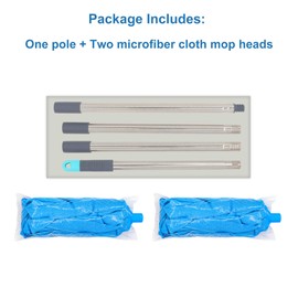 Screw On Microfiber String Mop, One Stainless Steel Pole + Two Blue Microfiber Cloth Mop Heads
