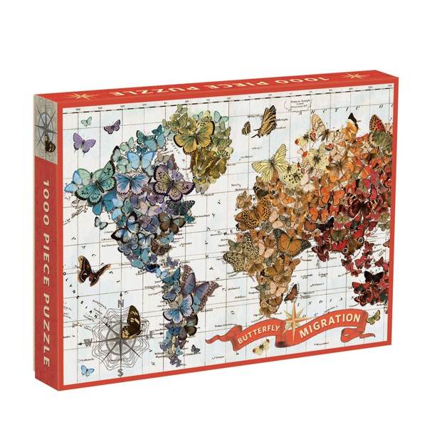Galison Wendy Gold Butterfly Migration Puzzle, 1000+ Pieces, 20” x 27'' - Vibrantly Illustrated Image of Butterflies Over a World Map - Thick, Sturdy Pieces - Perfect for Family Fun