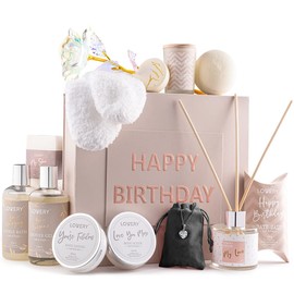 Birthday Gifts for Women, Birthday Spa Gift Basket for Women, Luxury Birthday Spa Gift Box with Vit E, Rich Bath Essentials, Diffuser, Candle, Sterling Silver CZ Heart Necklace, 24k Flower Rose & More