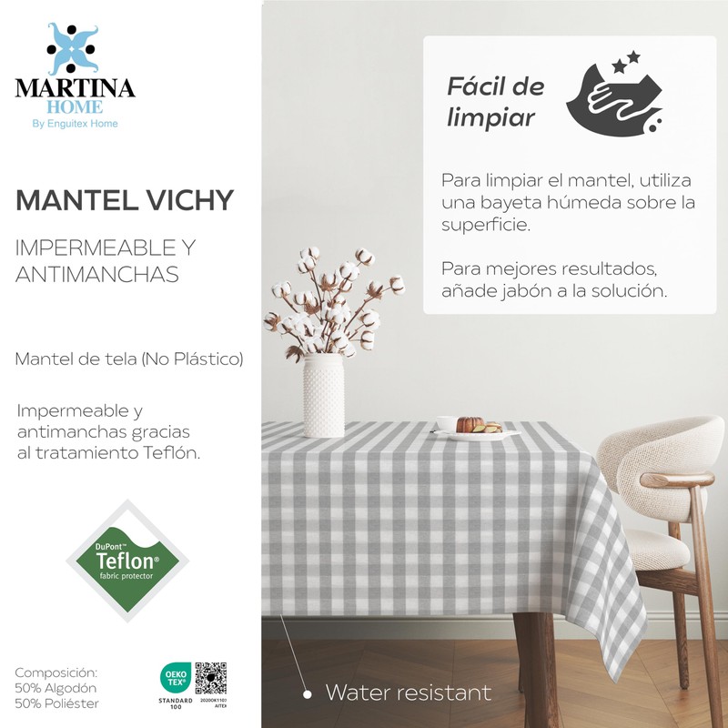Martina Home TEFLONATED TABLECLOTH MADE Vichy Light Grey 220X140 CM