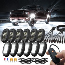 12 Pods Pure White LED Rock Lights with Power Swith Wiring Harness, Waterproof Rust Proof 6600K Super Bright Pure Lighting Aluminum Underglow Kit for Truck Trailer Pickup Offroad ATV UTV