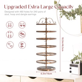 MODOWEY 6 Tier Rotating Earring Holder Organizer Stand, Adjustable Metal Display Tree Rack for Women, 480 Hole and Groove Large Storage for Pierced Stud Dangle Hoop, Compact for Small Dresser, Bronze