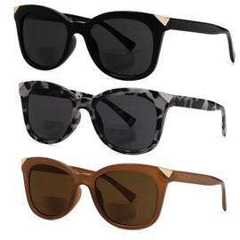 Hyyiyun 3 Pairs Sunglasses Bifocal Readers for Women,Oversize Retro Nearly Invisable Line Cat-eye Reading Glasses (Black/Brown/Tortoise, 2.5, x)