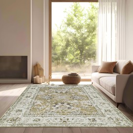 Andency Large 9x12 Washable Area Rug for Living Room Bedroom, Vintage Boho Olive Green Rug, Floral Carpet, Stain Resistant Non-Slip Rug, Printed Distressed Decor Rug for Dining Room