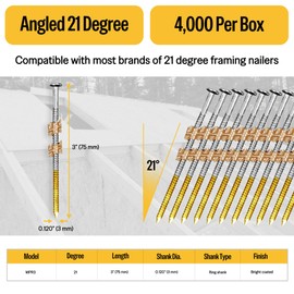 meite 21 Degree Framing Nails, 3-Inch x 0.120-Inch Round Head Plastic Strip Collated Framing Nails Ring Shank Nails for Framing Nailer Gun (4,000 Counts)