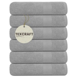 TEXCRAFT Bath Towels Set of 6 – 100% Cotton Terry – 24" x 48" – Quick Dry, Soft & Highly Absorbent – Light Grey Towels for Bathroom, Gym, Spa, Pool & Daily Use