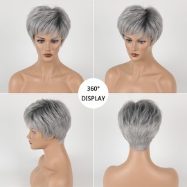 Women Short Pixie Wig, Salt and Pepper Grey, Layered Synthetic Daily Use Wigs Hair with Side Fringe