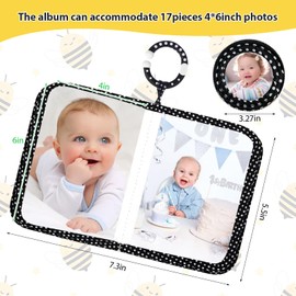 Baby Photo Album Soft Cloth Book - My First Photo Album for Baby with Safe Mirror, Bee Themed Picture Book, Holds 17 4x6 Photos, Sensory Baby Memory Book