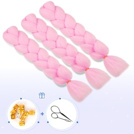 FESHFEN Braiding Hair Extensions, Pink, 3 Pieces, Jumbo Braids, Kanekalon Synthetic Hair, Braid Box, Crochet Braids, Hair Extension for Women, 60 cm