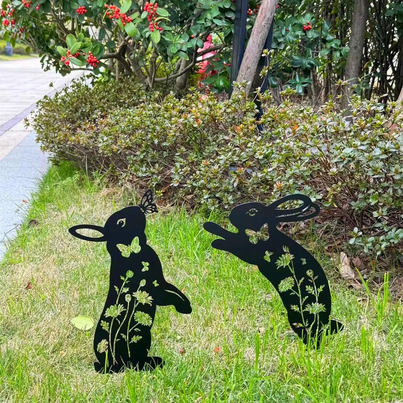 Rabbit Metal Garden Stakes Decorative,2 Pack Black Jump Rabbit Silhouette