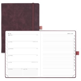POPRUN Planner 2025-2026 Weekly Notebook (Medium 6.5''x 8.5'') Academic Calendar (JUL.25 - JUN.26) Appointment Book with Monthly Tabs, Leather Soft Cover, Inner Pocket, 100 GSM - Claret