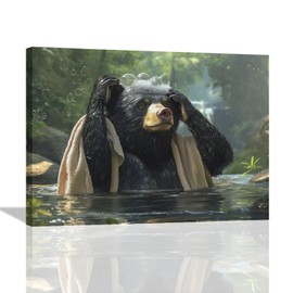 Funny Bear Bathroom Wall Art Black Bear in the Forest Wall Decor Nature Wildlife Animals Canvas Painting Modern Artwork Home Decoration for Bathroom Bedroom Office Framed 16"x12"