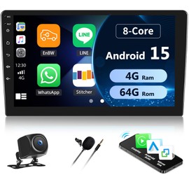 [2G+64G] Android 15 Car Stereo with Wireless Carplay Android Auto,10.1" Touchscreen Car Radio with Mirror Link WiFi GPS Navigation Bluetooth FM/RDS Split Screen EQ SWC+AHD Backup Camera