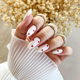 White Press on Nails with Designs Red Fake Nails with Glue Glossy Almond False Nails Valentines Day Nails Press on Acrylic Nails Winter Medium Glue on Nails Litter Heart Stick on Nails for Women 24Pcs