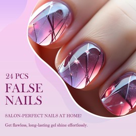 French Tip Press-On Nails, Square Short – 24 pcs Purple Glitter & Glazed Watercolor, Glossy Full-Cover Fake Acrylic Nails with Glue & Jelly Tabs, Reusable Stick-On Nail-Art Kit