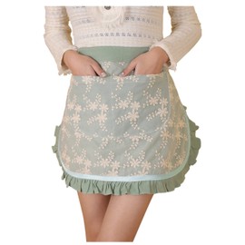 Caatoor Unisex Chef Aprons White Retro Cotton Maid Short 2 Pockets Waist Waiter Waitress Half Apron (Green-embroidered, One Size)