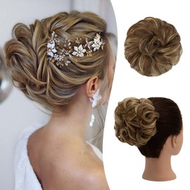 RSWETE Messy Bun Hair Piece, Instant Rose Bun Hair Scrunchie Hairpieces for Women, Wavy Curly Hair Pieces Chignon Ponytail Hair Extensions Updo Hairpiece Wiglet Bun (12H24# Brown & Blonde)