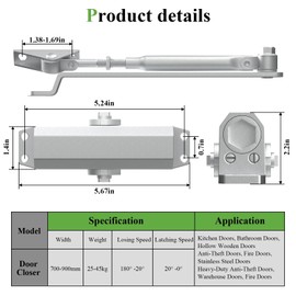 Fenghome Door Closer, Aluminum Alloy Adjustable Spring Hydraulic Door Closure, Hydraulic Spring Door Closer, Closing Speed Adjustable, Commercial & Home Use for 25~65kg Weight Door