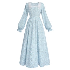 LTAKK Colonial Dress Women Pioneer Costume Pilgrim Prairie Dresses with Apron and Bonnet, Sky Blue, Large