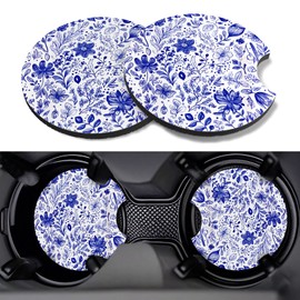 GooodiderX Car Cup Coasters,2 Pack Car Coaster,2.75inch Anti Slip and Absorbent Cars Coasters for Cup Holders,Neopren Accessories for Women,Cute Decor for Women (Blue and White Flower)