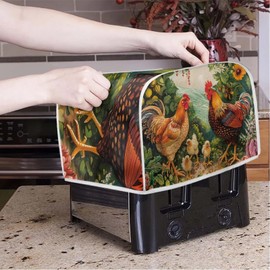 Biyejit 4 Slice Toaster Cover with Rooster Chicken Flowers Design, Quilted Toaster Cover for Home Decoration Gifts