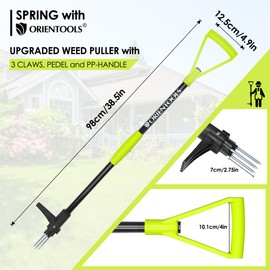 ORIENTOOLS Weed Puller Stand Up Weeder Hand Tool with 3 Claws for Dandelion, Steel Twist Hand Weed Root Pulling Tool Grabber and Picker, 38" Long Handle Lawn Easy Root Remover Garden Tool with D-Grip