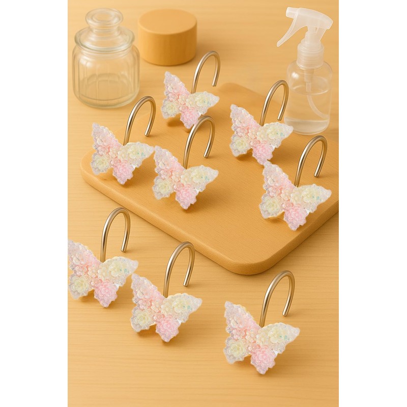 YOINIUEM 12 Pack Glitter Pink Butterfly Shower Curtain Hooks -