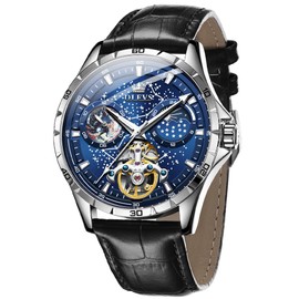OLEVS Mens Automatic Watches Blue Starry Sky Skeleton Tourbillon Self Winding Mechanical Luminous Black Leather Luxury Dress Wrist Watch Gifts