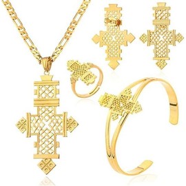 Elegant Gold Ethiopian Cross Jewelry Sets for Ethiopian and Eritrean Women's Weddings and Parties - Includes Earrings, Necklace Pendant, Ring, and Bangle (Necklace Length 45cm/17.7inches)