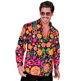 W WIDMANN MILANO Party Fashion - Party Fashion Shirt, Hippie Pattern, Neon Men's Shirt, Flower Power, Peace, Showmen