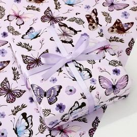 FYSUIMU Floral Butterfly Wrapping Paper -Mini Roll- 17 Inch x 32.8Ft Purple Flower Gift Wrap Paper Spring Art Paper for Wedding Birthday Baby Shower DIY Crafts