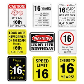 16th Birthday Decorations for Boys Girls – 9PCS Sweet 16 Birthday Party Decor Gifts for Him Her – Bruh Im 16 Photo Props – Cheers to 16 Yellow Caution Wall Signs for Door, Window, Yard & Garden