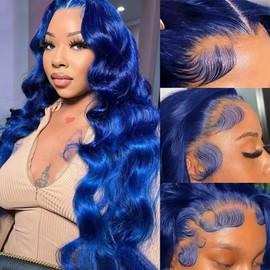 Yifute 28inch Blue Blonde Lace Front Wig Human Hair Lace Frontal Body Wave Wigs Human Hair Pre Plucked with Baby Hair 150% Density Transparent Lace Frontal Straight Wigs for Woman with Natural Line
