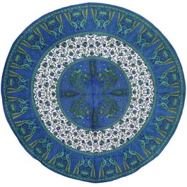 India Arts Floral Peacock Round Cotton Tablecloth 72" Blue