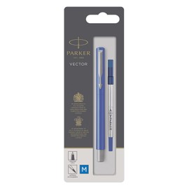 Parker Medium Point Vector Rollerball Pen, Blue with Chrome Trim, Blue Ink, Blister Pack