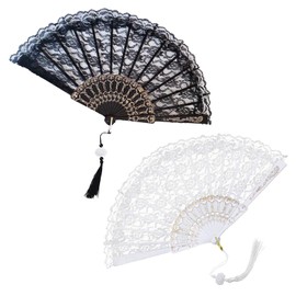 MLPKOI 2 Pcs Folding Hand Fan, Lace Vintage Retro Fabric Fans Hand Held Chines Foldable Fan with Tassel for Wall Decoration Wedding Dancing Cosplay Black and White