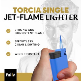 Palio Torcia Single Jet Flame Lighter, Refillable, Adjustable Torch Flame, Wind Resistant, Simple, Functional, Pocket Size, Durable Metal Body, Blue, Pack of 2