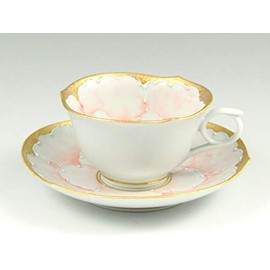 Arita Ware Bunzan Kiln Gold Pink Peony Wreath Shallow Type Coffee Cup & Saucer