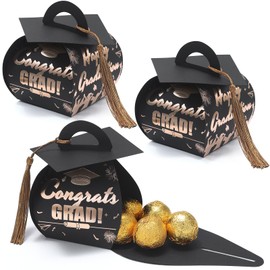 KPOSIYA Graduation Party Favor Boxes，32 pcs Class of 2025 Graduation Cap Candy Box with Tassel，Grad Gift Treat Boxes for 2025 Table Centerpieces Decorations(Brown,Black)