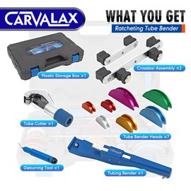CARVALAX 90° Ratcheting Tube Bender Kit - LITE MODEL (No Reverse) with 7 Electroplated Bender Heads for 1/4" to 7/8" Pipes, Aluminum Construction for HVAC/Hydraulic Projects (Blue)