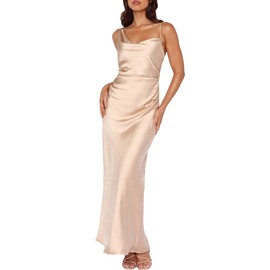 Summer Satin Maxi Dresses for Women 2025 Cowl Neck Ruched Silk Formal Wedding Guest Bridesmaid Slip Dress with Slit Champagne