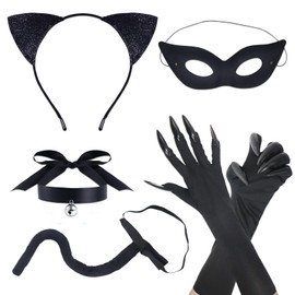 Oerphh 6 PCS Catwoman Costume Accessories,Black Cat Cosplay Set with Cat Ear Headband Eye Cover Tail Cat Claw Gloves Necklace,Black Cat Cosplay Costume for Women Fancy Dress Party Costumes (Style02)