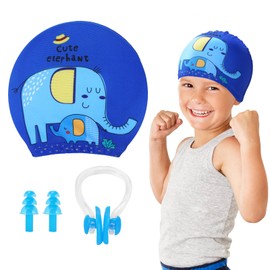 Swim Caps for Kids, Swimming Cap Boys and Girls Teens Aged 5-12 Blue Elephant Polyester Swim Bathing Cap Swimming Hat with Nose Clip Ear Plugs Waterproof Swim Hat Keeps Hair Dry for Long & Short Hair